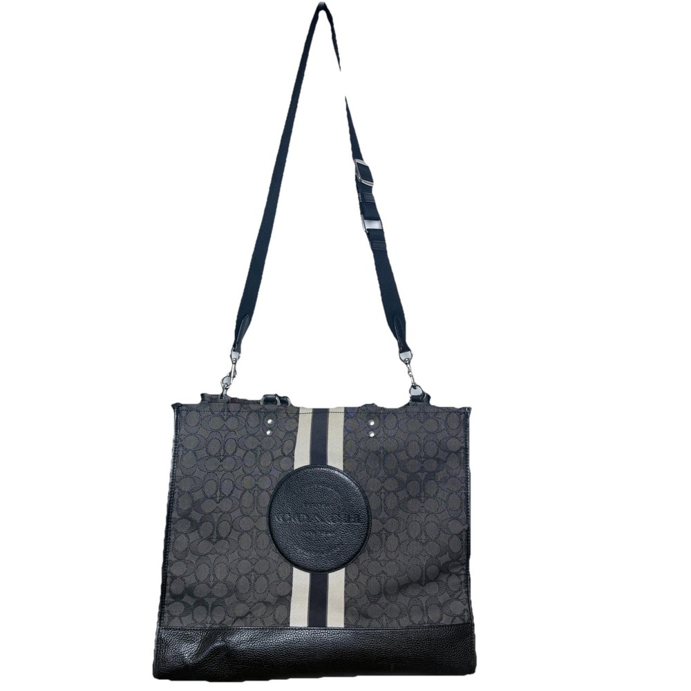 Coach Dempsey 40 Signature Stripe Tote Bag Black Gray Canvas Leather C1543